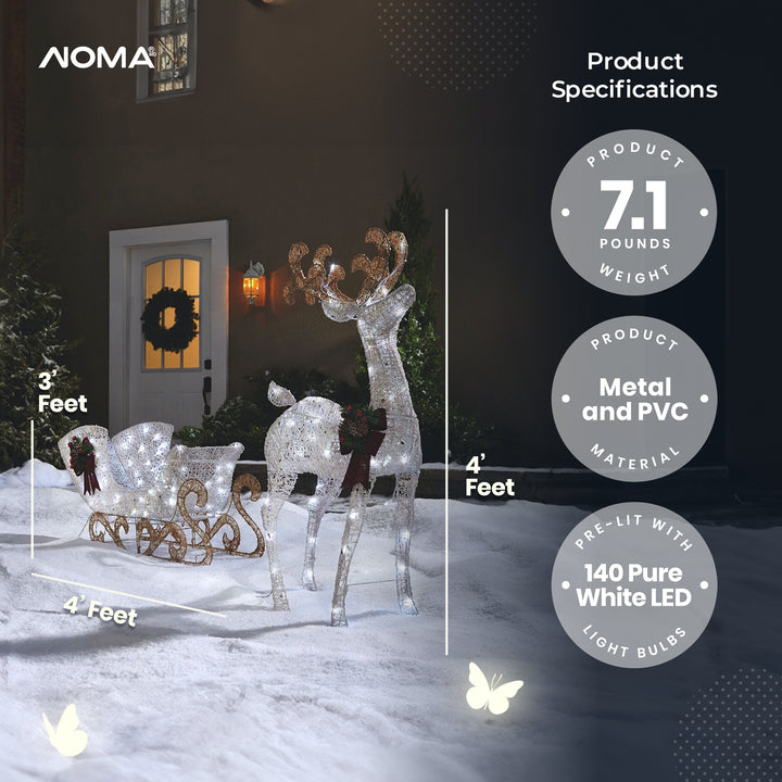 NOMA Pre Lit White LED Reindeer and Sleigh Holiday Lawn Decoration Set(Open Box)