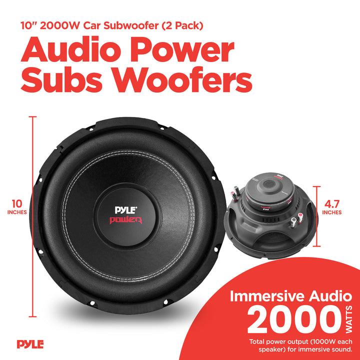 Pyle PLPW10D 10" 2000W Car Subwoofer Audio Power Subs Woofers DVC 4 Ohm, 2 Pack