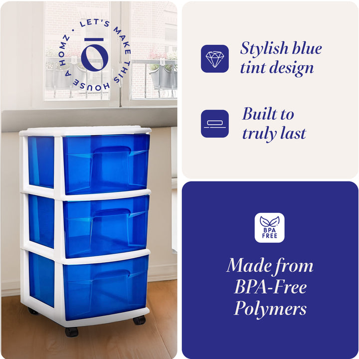 Homz Plastic 3 Drawer Medium Storage Container Tower, Blue Drawers/White Frame