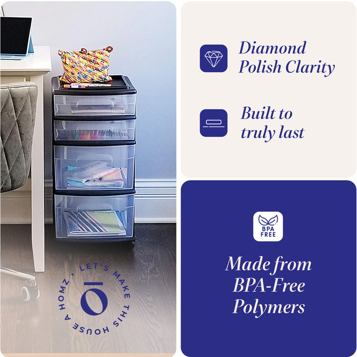 Homz Plastic 4 Drawer Home Storage Container, Clear Drawers & Black Frame (Used) - VMInnovations