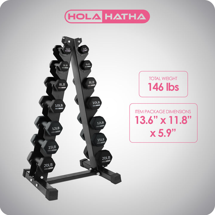 HolaHatha 146 Pound Neoprene Dumbbell Full Body Weight Set with Storage Rack