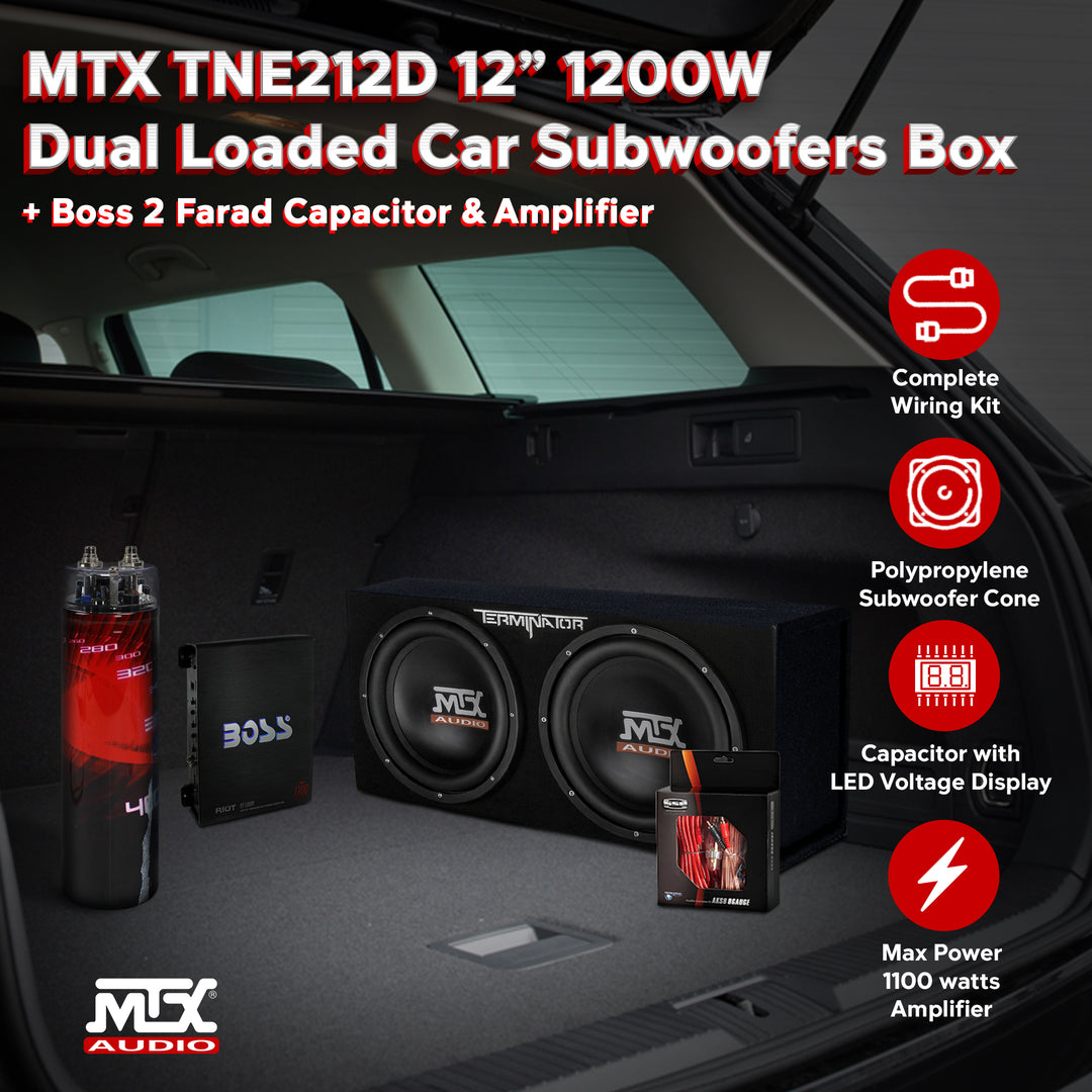 MTX TNE212D 12" 1200W Dual Loaded Car Subwoofer & 1100W Amp with Kit & Capacitor