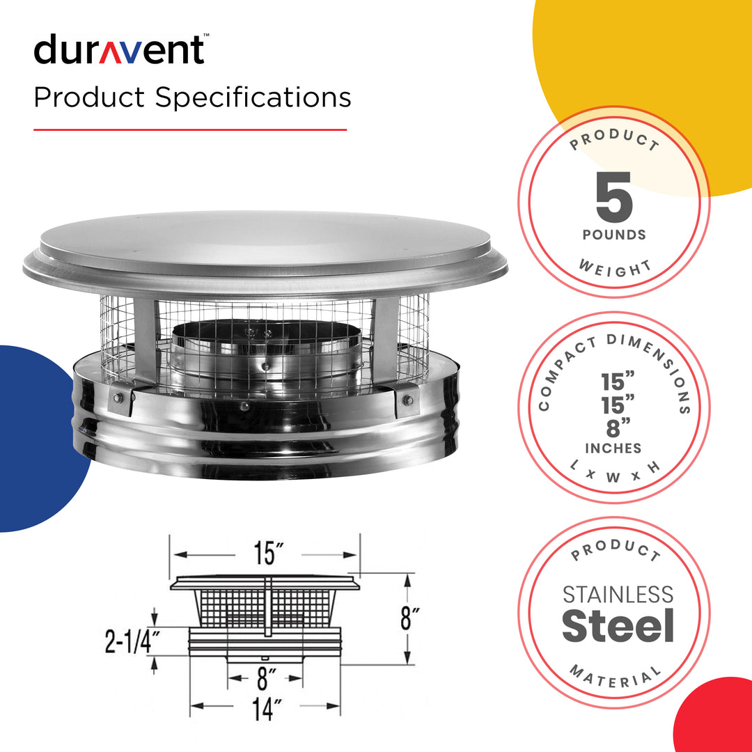 DuraVent DuraPlus 8DP-VC 8 Inch Diameter Stainless Steel Round Chimney Cap