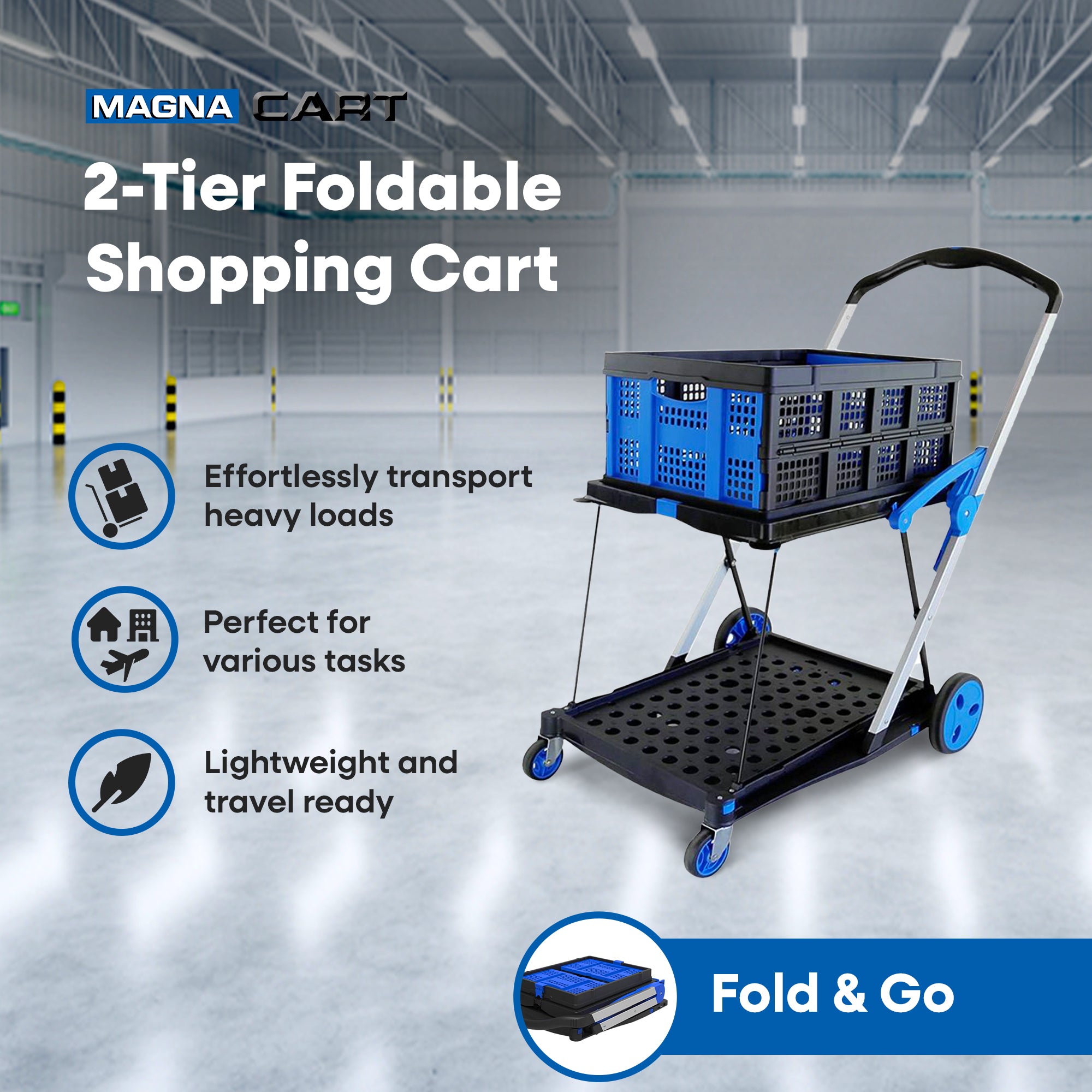 Magna Cart 2-Tier Foldable Shopping Utility Cart w/Collapsible Crate (Used) - VMInnovations