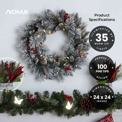 NOMA 24" Pre-Lit LED Flocked Berry Wreath with 35 Warm White Lights(Used) - VMInnovations