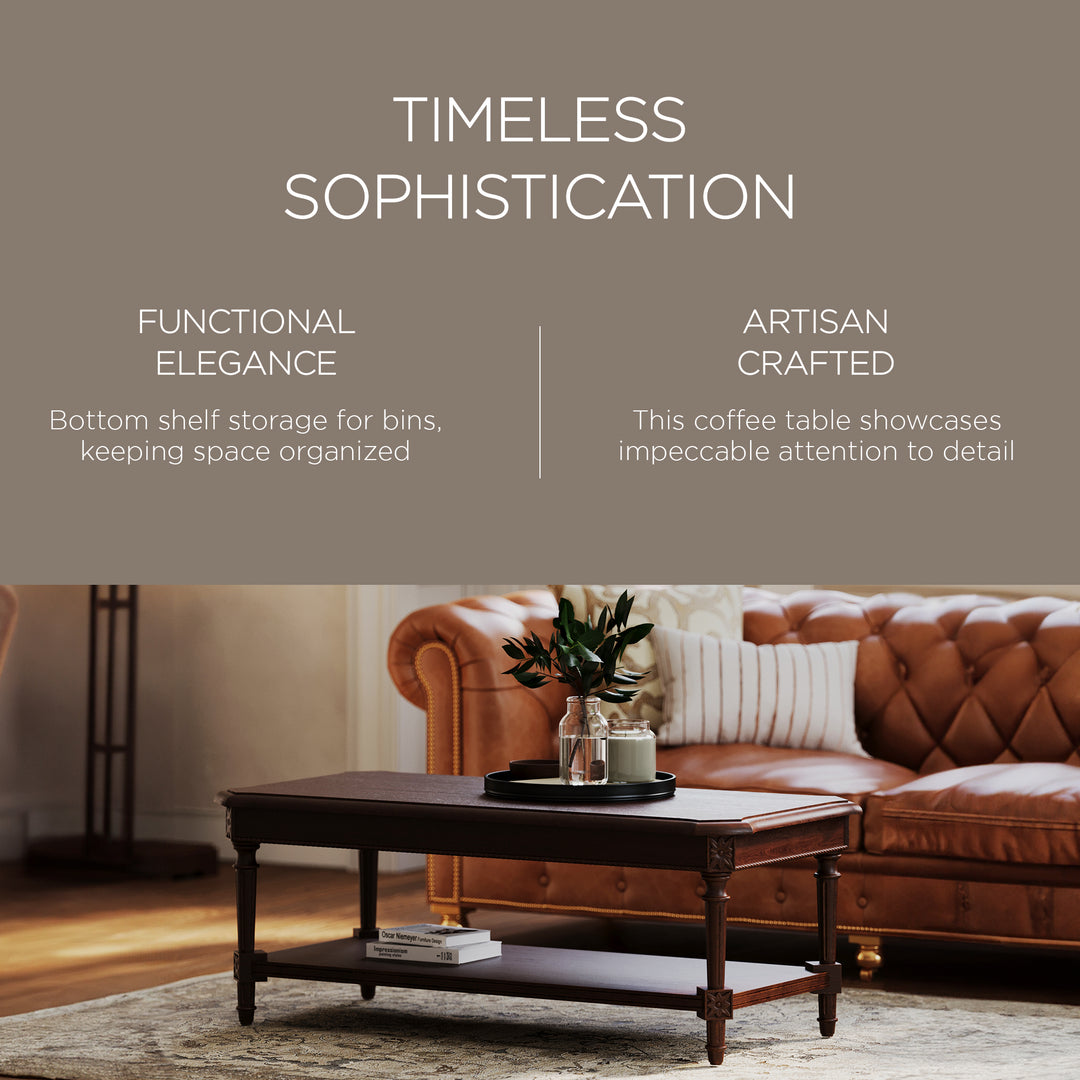 Maven Lane Pullman Traditional Rectangular Wooden Coffee Table, Antiqued Brown - VMInnovations