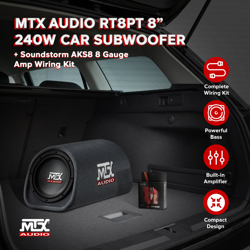 MTX AUDIO RT8PT 8" 240W Car Subwoofer & Soundstorm AKS8 8 Gauge Amp Wiring Kit