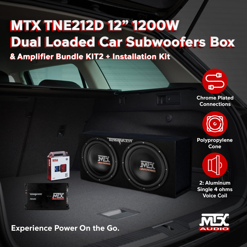 MTX 12 Inch Dual Car Subwoofer Audio, Sub Box, & Amplifier Bundle w/ Wiring Kit