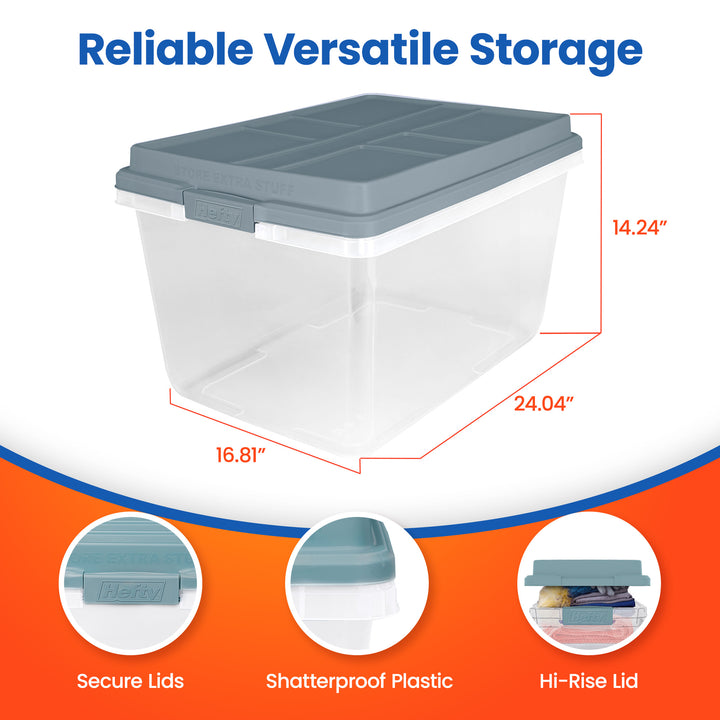 Hefty 72 Qt Hi-Rise Stackable Plastic Storage Bin with Lid, 6 Pack, Smoke Blue