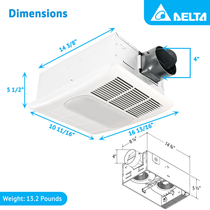 Delta Breez Radiance Exhaust Bath Fan 80 CFM with Built-In Light & Heater, White