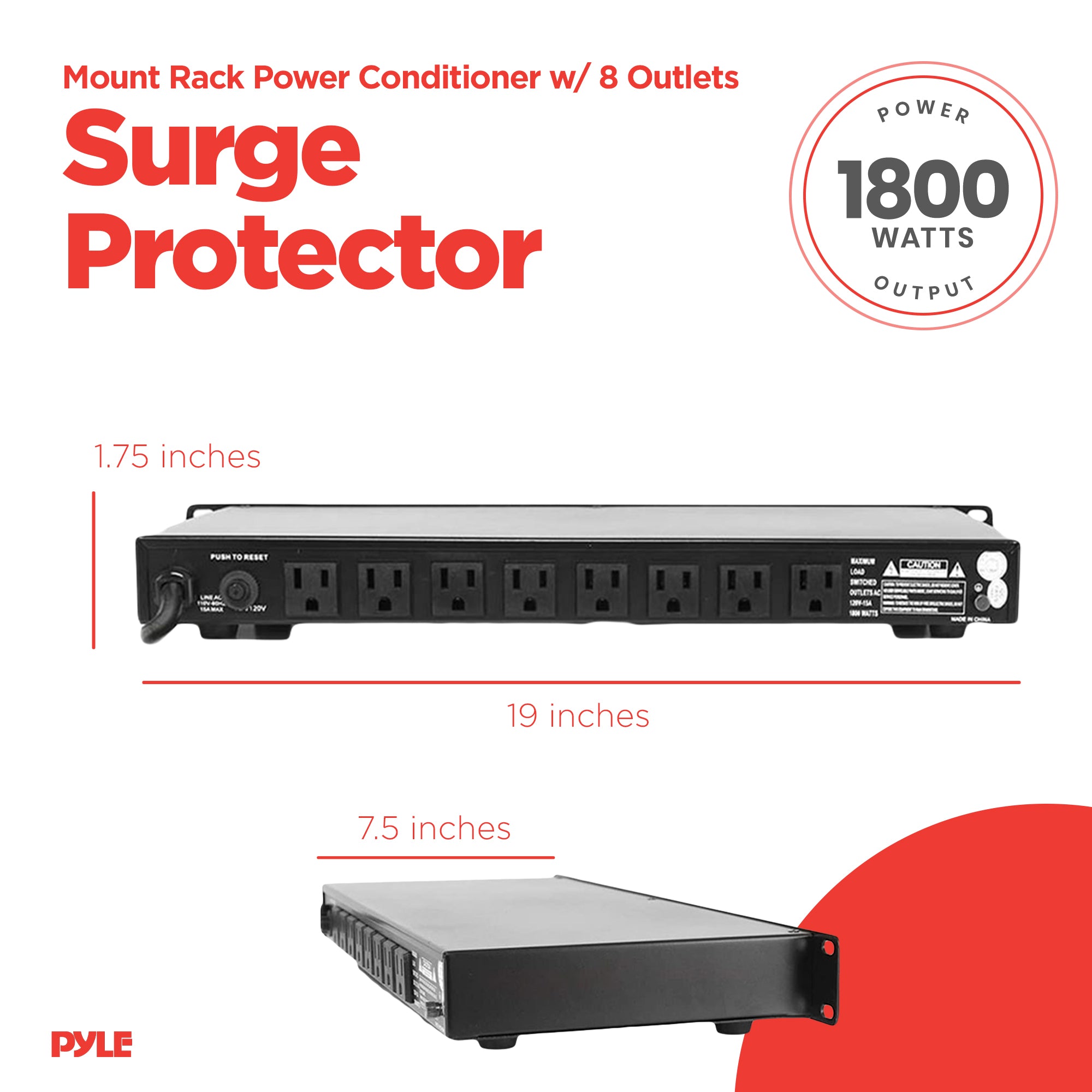 Pyle PCO800 1800 Watt Mount Rack Power Conditioner Surge Protector w/ 8 Outlets