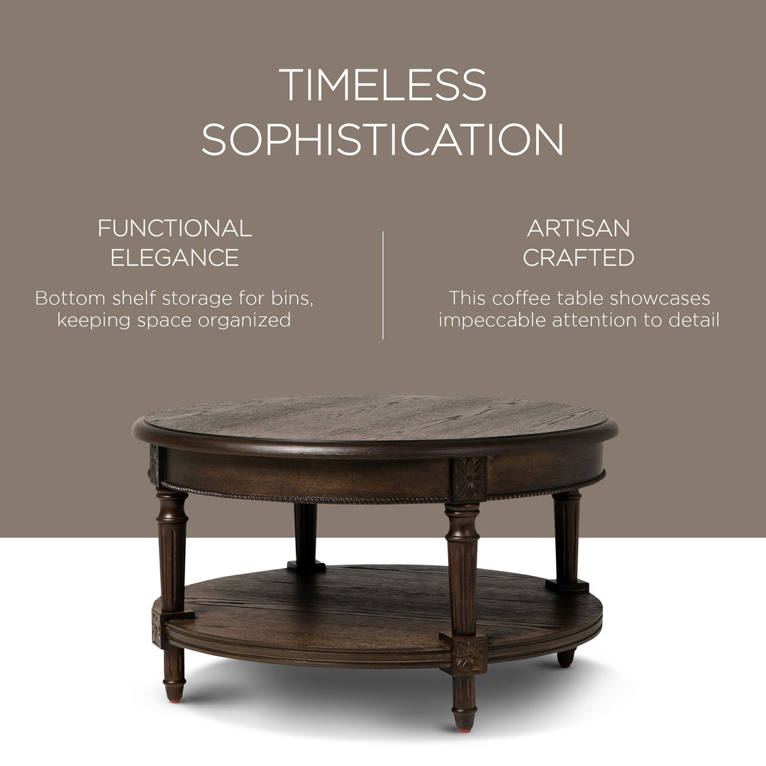 Maven Lane Pullman Traditional Round Wooden Coffee Table, Antiqued Brown Finish - VMInnovations