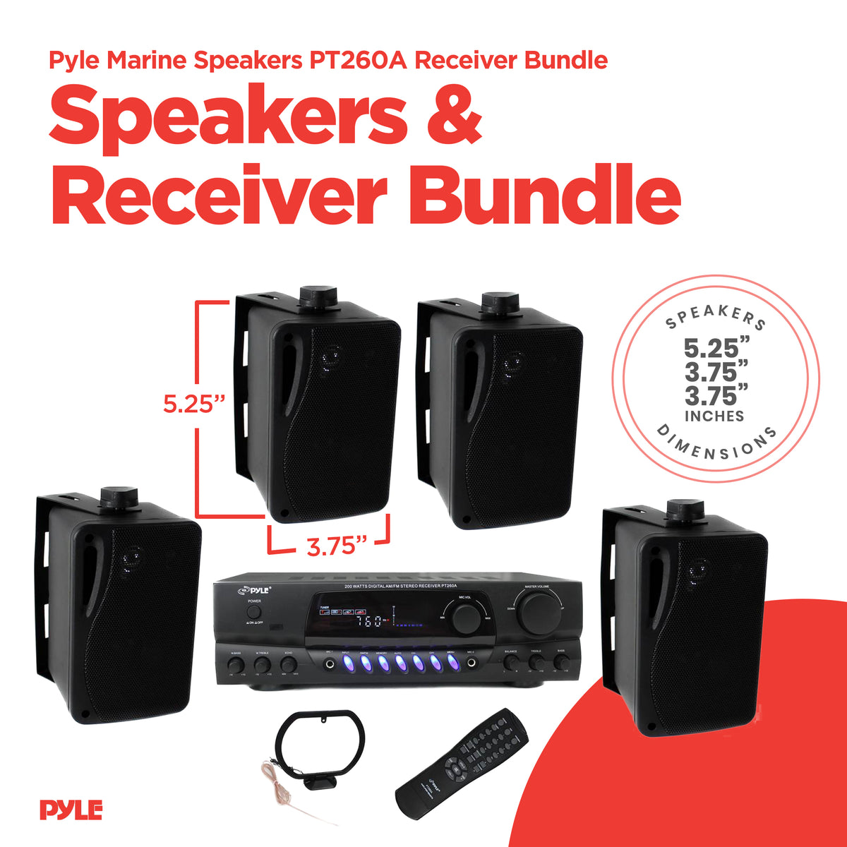 Pyle PLMR24B 3.5" 200W Box Speakers 4 Pack & PT260A Home Digital Stereo Receiver