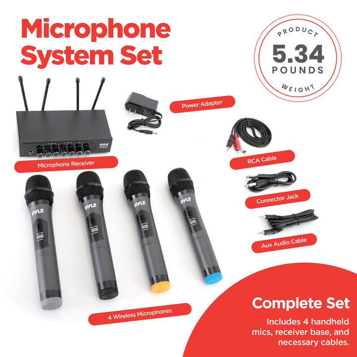 Pyle Wireless Microphone System Set Bluetooth Receiver Base & 4 Mics (Open Box)