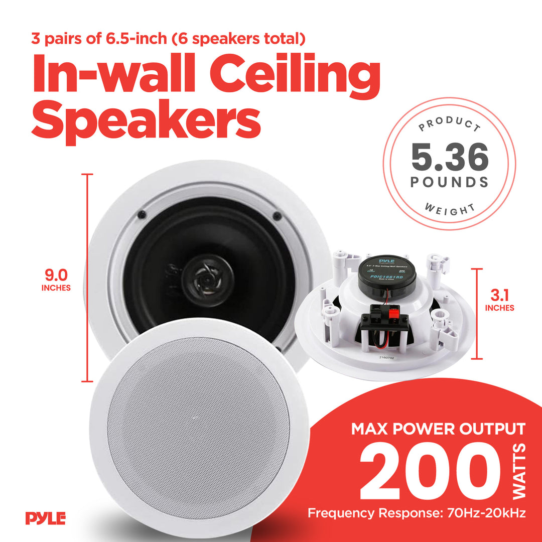 Pyle PDIC1661RD 6.5" 200 Watt In Ceiling/Wall 2 Way Speaker System Pair (3 Pk)