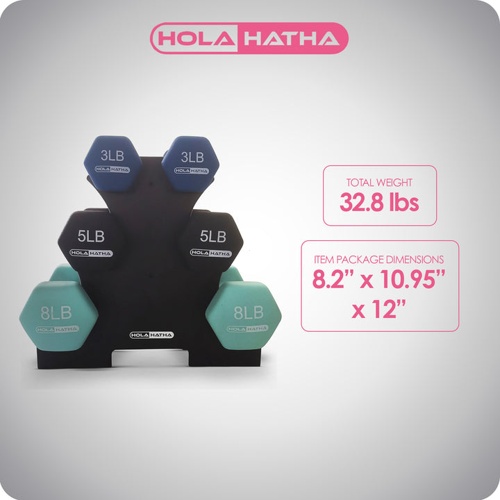 HolaHatha 3, 5, and 8 Pound Dumbbell Hand Weight Set with Storage Rack, Multi