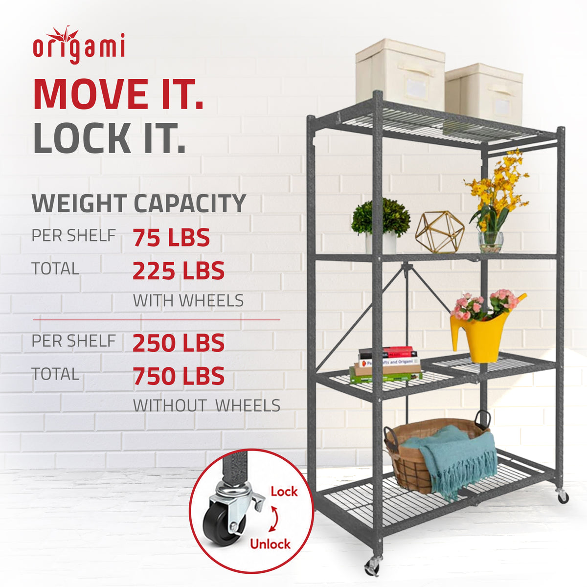 Origami 4 Tier Heavy Duty Folding Storage Rack w/ Wheels, Gray (Open Box) - VMInnovations