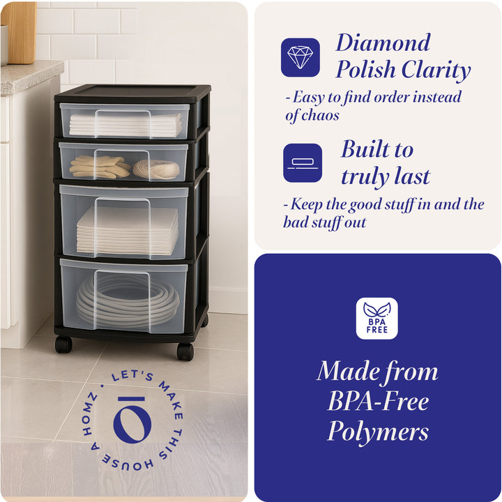 Homz Plastic 4 Drawer Medium Storage Tower, Clear Drawers & Black Frame (2 Pack)