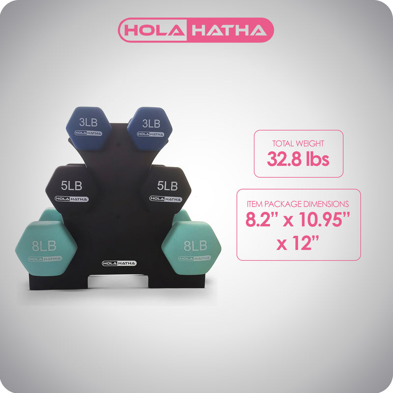 HolaHatha 3, 5, and 8 Pound Dumbbell Hand Weight Set with Storage Rack, Multi