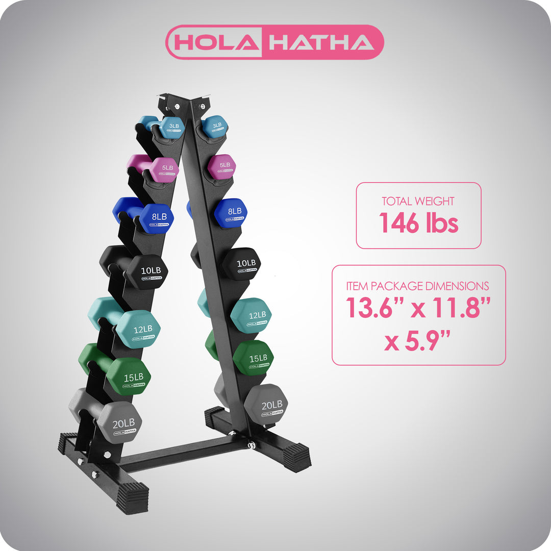 HolaHatha 146 Pound Neoprene Dumbbell Full Body Weight Set with Storage Rack