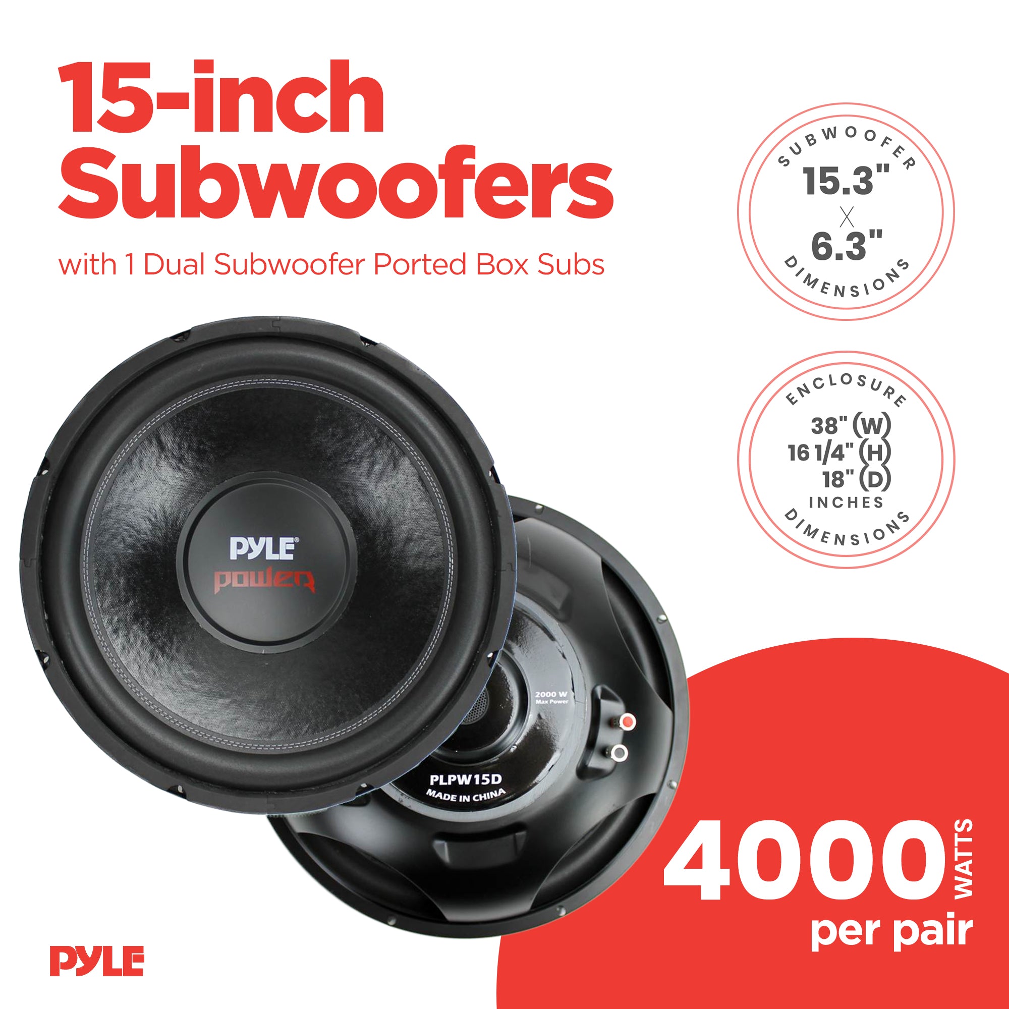 Pyle PLPW15D 15" 2000W 4-Ohm Car Subwoofer Pair & QBASS15 Dual Ported Enclosure - VMInnovations