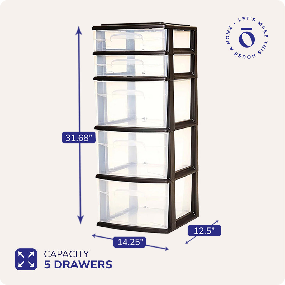 Plastic 5 Drawer Medium Home Storage Container Tower, Black Frame (Open Box)