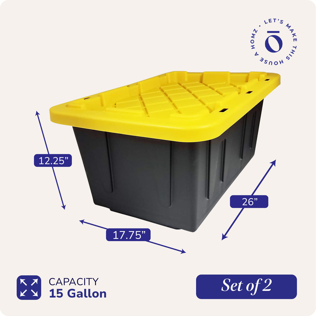 Homz 15 Gallon Durabilt Home Storage Container w/Snap Lid, Black/Yellow(2 Pack)