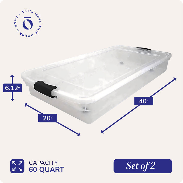 Homz 60 Quart Underbed Storage Container Bins with Latching Lid, Clear (2 Pack)