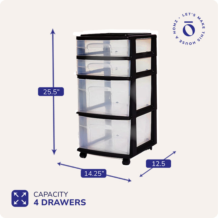 Homz Plastic 4 Drawer Medium Storage Tower, Clear Drawers & Black Frame (2 Pack)