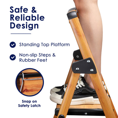 Delxo Aluminum Folding 3 Step Stool Stepladder w/Long Handrail, Woodgrain Finish - VMInnovations