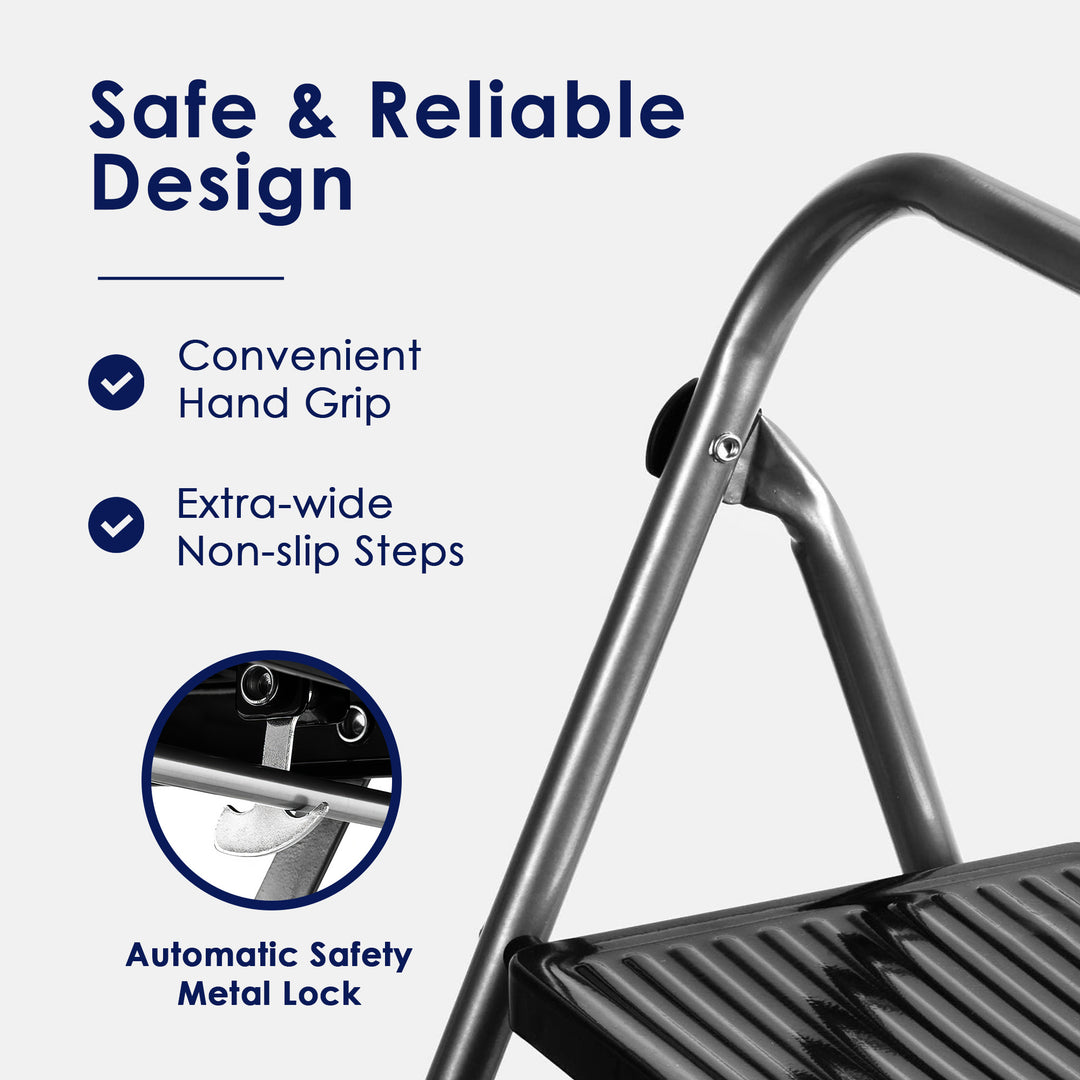 Delxo Folding Portable Steel Non Slip 3 Step Stool w/ Hand Grip, Gray (Open Box)