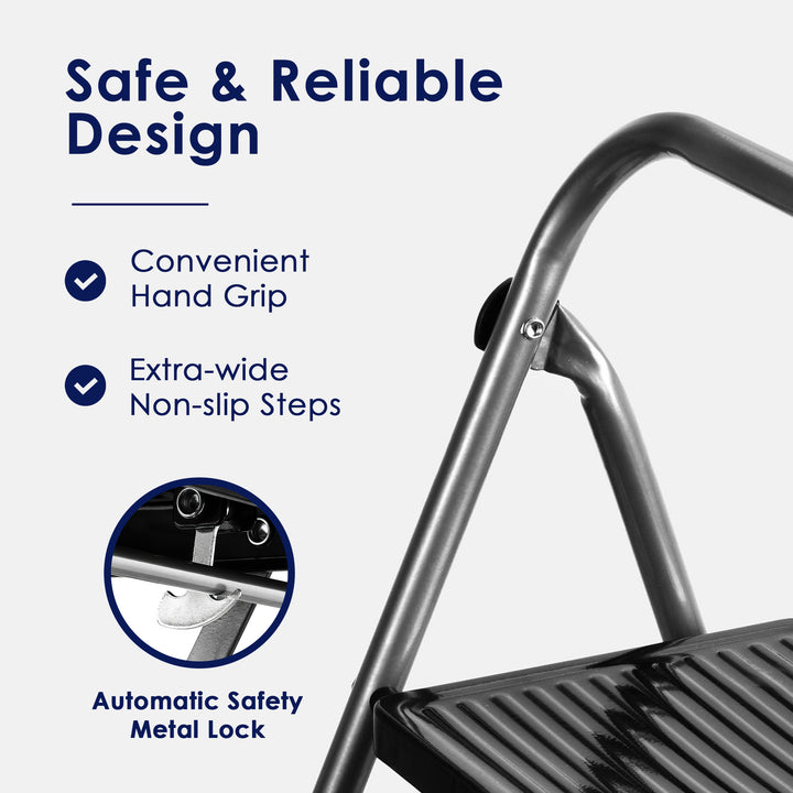 Delxo Folding Portable Steel Non Slip 3 Step Stool w/ Hand Grip, Gray (Open Box)