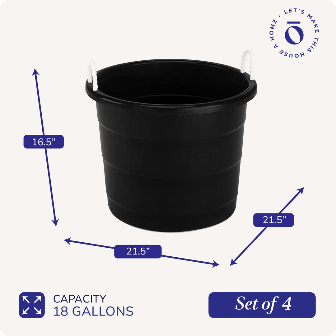 Homz 18 Gallon Plastic Utility Storage Bucket Tub w/ Rope Handles, Black, 4 Pack