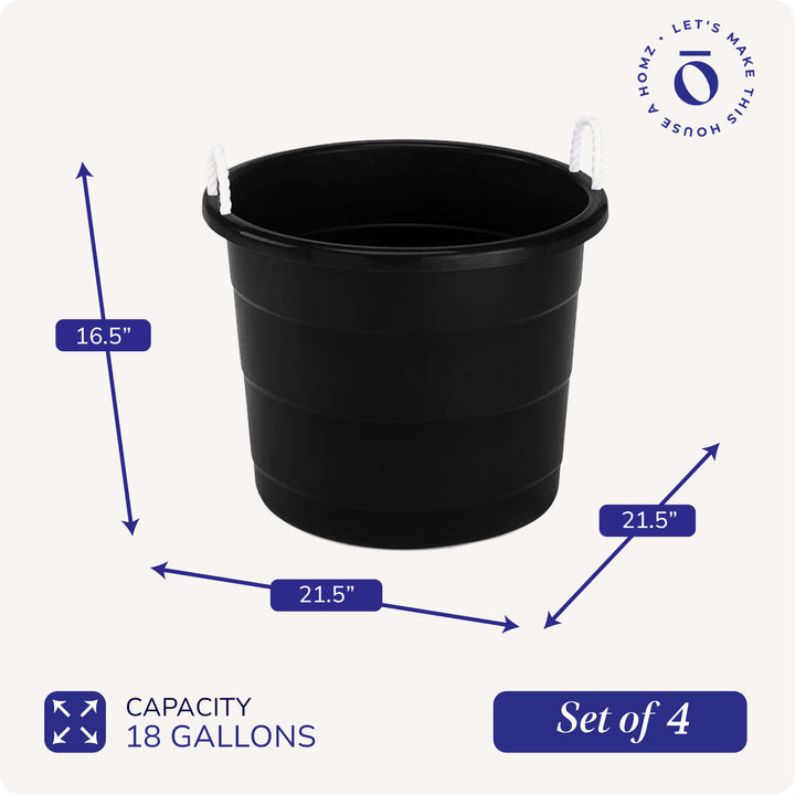 Homz 18 Gallon Plastic Utility Storage Bucket Tub w/ Rope Handles, Black, 4 Pack