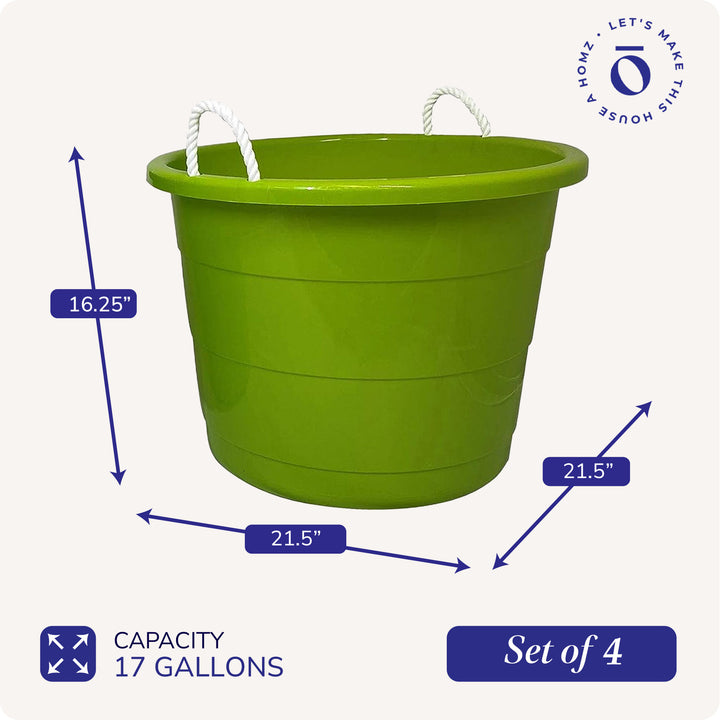 Homz 17 Gallon Indoor Outdoor Storage Bucket w/Rope Handles, Bold Lime (4 Pack)