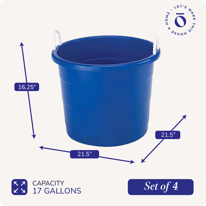 Homz 17 Gallon Indoor Outdoor Storage Bucket with Rope Handles, Blue (4 Pack)