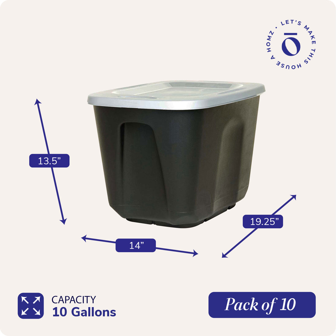 Homz 6610BKTS.10 10 Gallon Durable Molded Plastic Storage Bin w/ Lid (10 Pack)