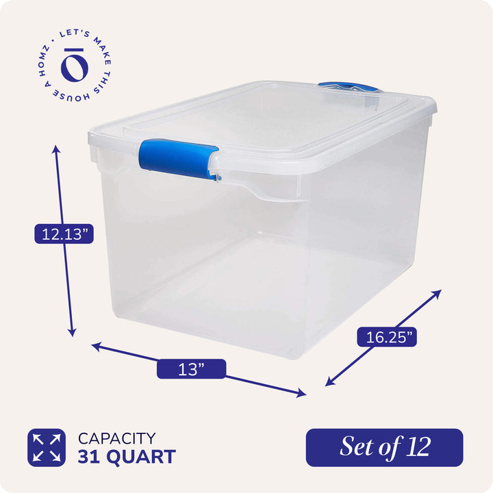 Homz 31 Quart Heavy Duty Clear Plastic Stackable Storage Containers, 12 Pack