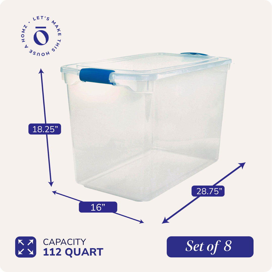 Homz 112 Quart Heavy Duty Clear Plastic Stackable Storage Containers, 8 Pack