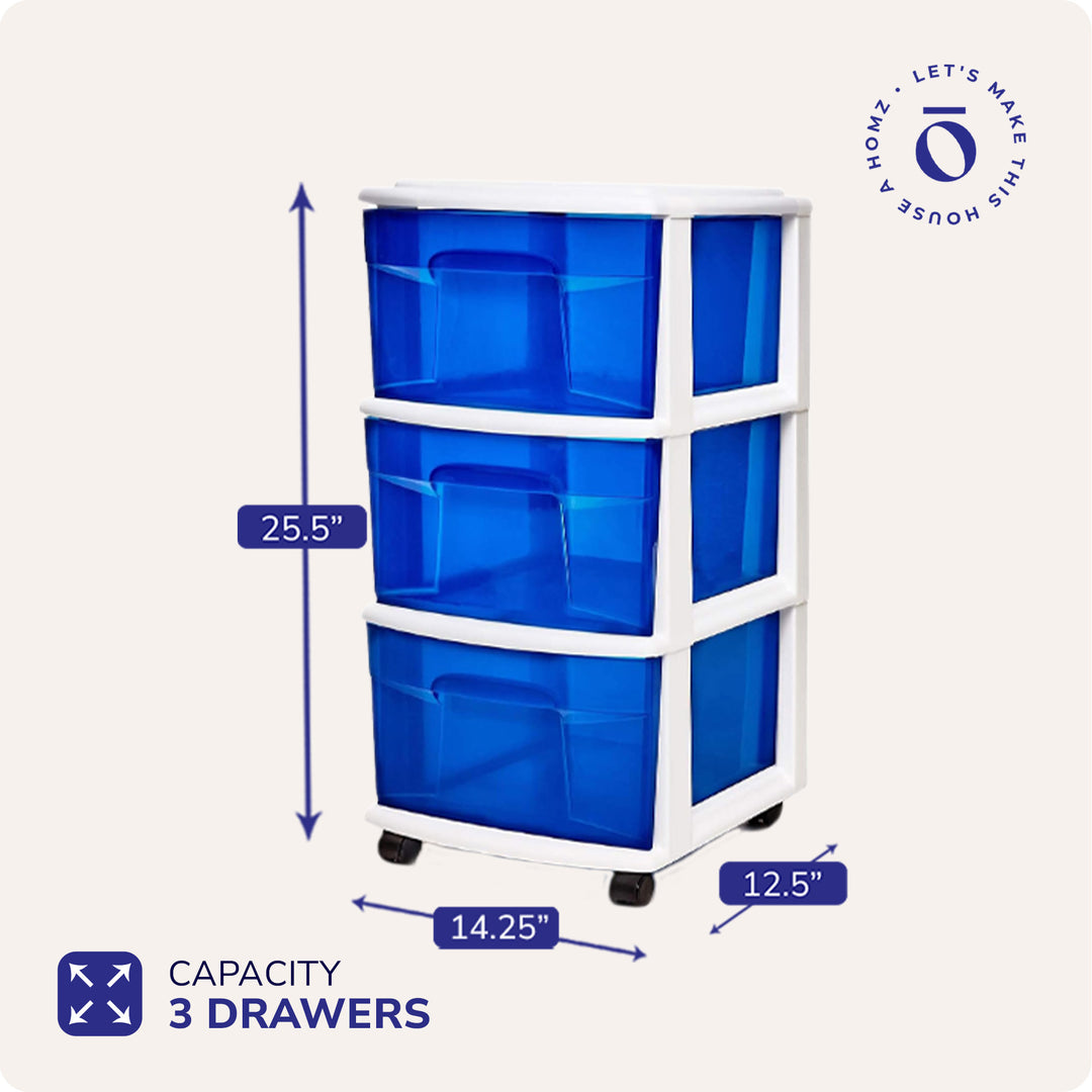 Homz Plastic 3 Drawer Medium Storage Container Tower, Blue Drawers/White Frame