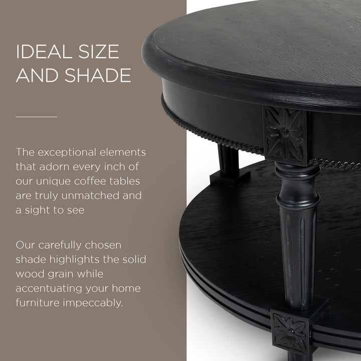 Maven Lane Pullman Traditional Round Wooden Coffee Table, Antiqued Black Finish - VMInnovations