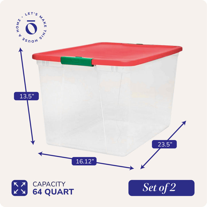 Homz 64 Qt Secure Latch Clear Plastic Storage Container Bin w/ Red Lid, 2 Pack