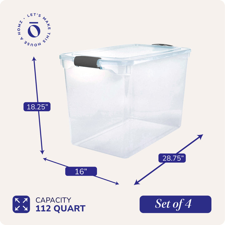 HOMZ 112 Quart Latching Plastic Storage Container, Extra Large, Clear (4 Pack)