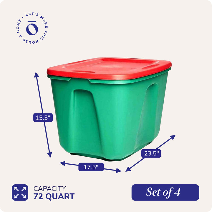 HOMZ 18 Gal Heavy Duty Plastic Holiday Storage Totes, Green/Red (4 Pack) (Used)