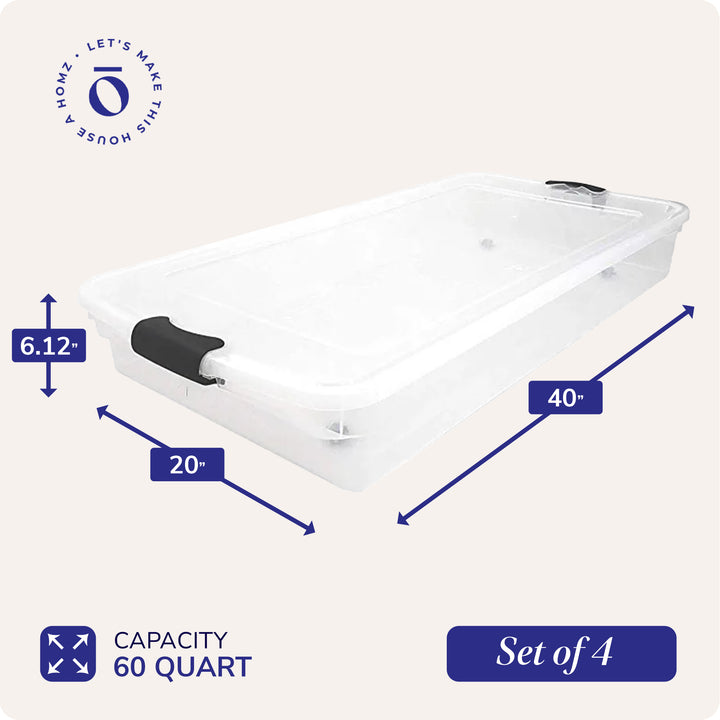 HOMZ 60 Qt Latching Lid & Easy Grip Underbed Storage Container, Clear (4 Pack)