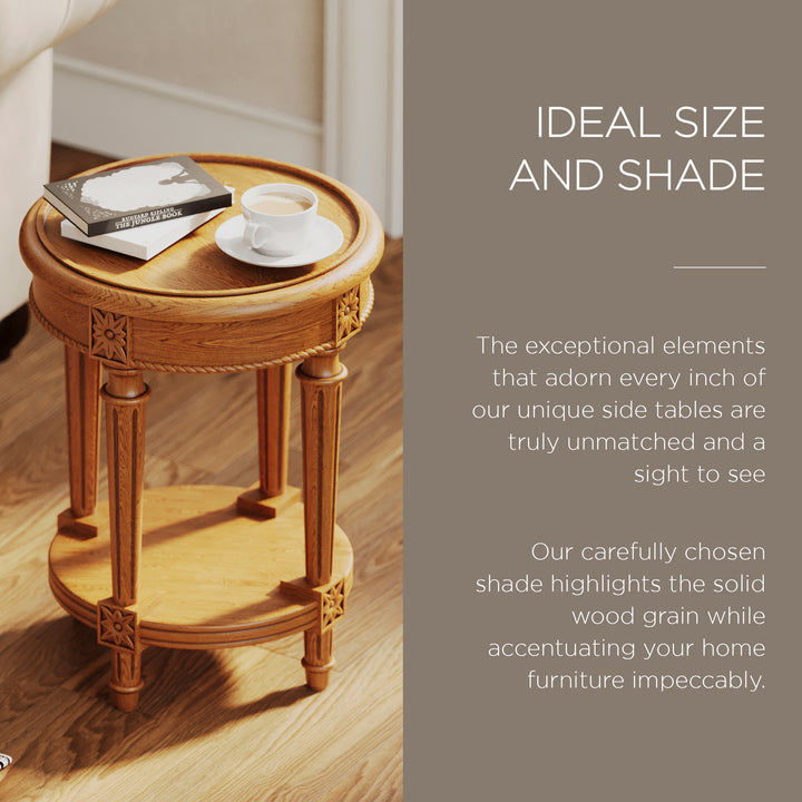 Maven Lane Pullman Traditional Round Wooden Side Table, Antiqued Natural Finish