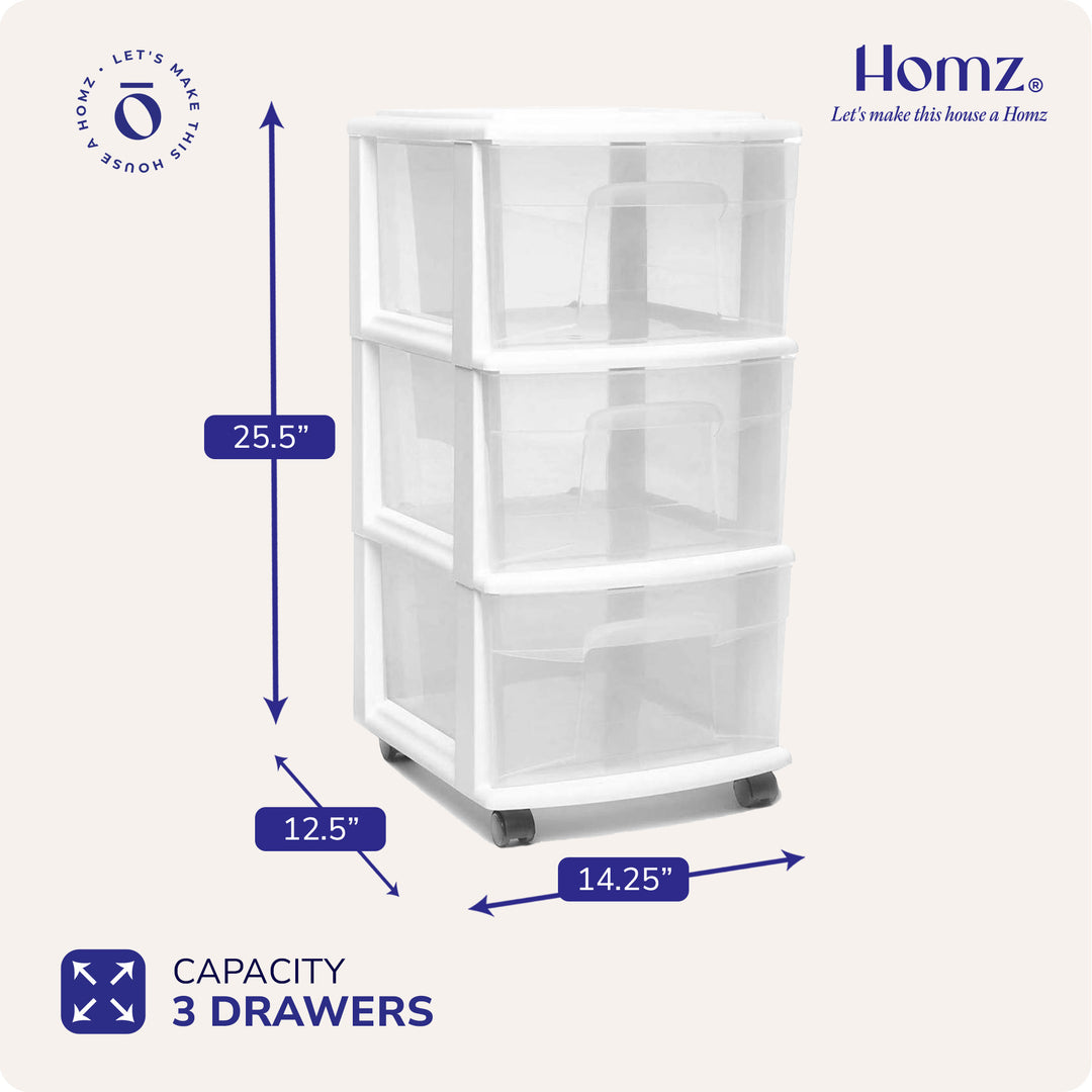 Homz Plastic 3 Drawer Medium Storage Tower, Clear Drawers/White Frame (2 Pack)