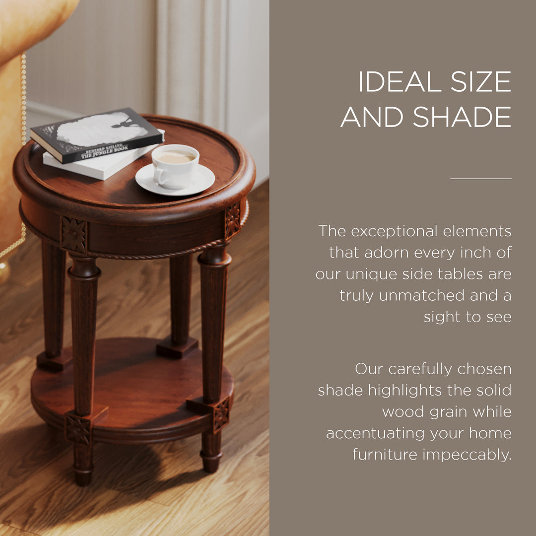 Maven Lane Pullman Traditional Round Wooden Side Table in Antiqued Brown Finish - VMInnovations