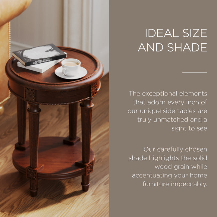 Maven Lane Pullman Traditional Round Wooden Side Table in Antiqued Brown Finish - VMInnovations