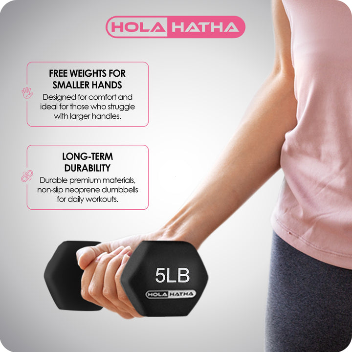 HolaHatha 5, 10, and 15 Pound Neoprene Dumbbell Free Hand Weight Set with Rack